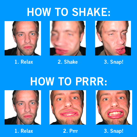 How to shake: 1. Relax, 2. Shake, 3. Snap. How to prrr: 1. Relax, 2. Prrr, 3. Snap. Six photos of the same man showing each step.